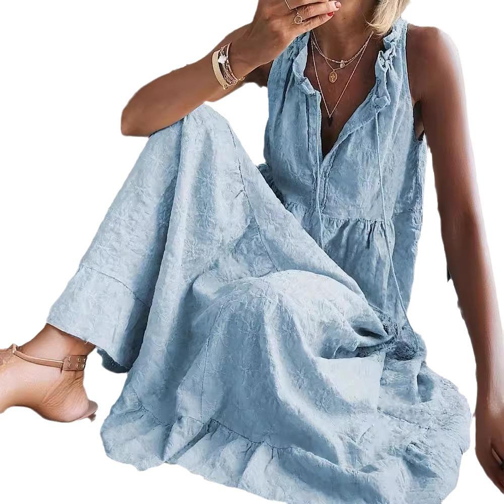 

Женское европейское/американское платье-свинг без рукавов из хлопка и льна, 2024 XXL светло-синий