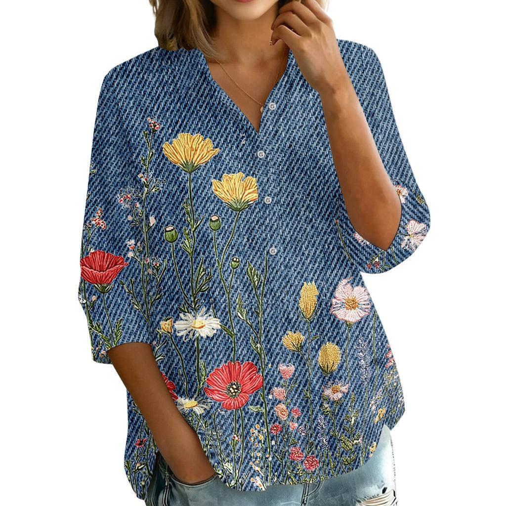 Women's Button Front Shirt Vintage Floral Print Three Quarter Sleeve Loose Fit Collar Top Casual Blouse