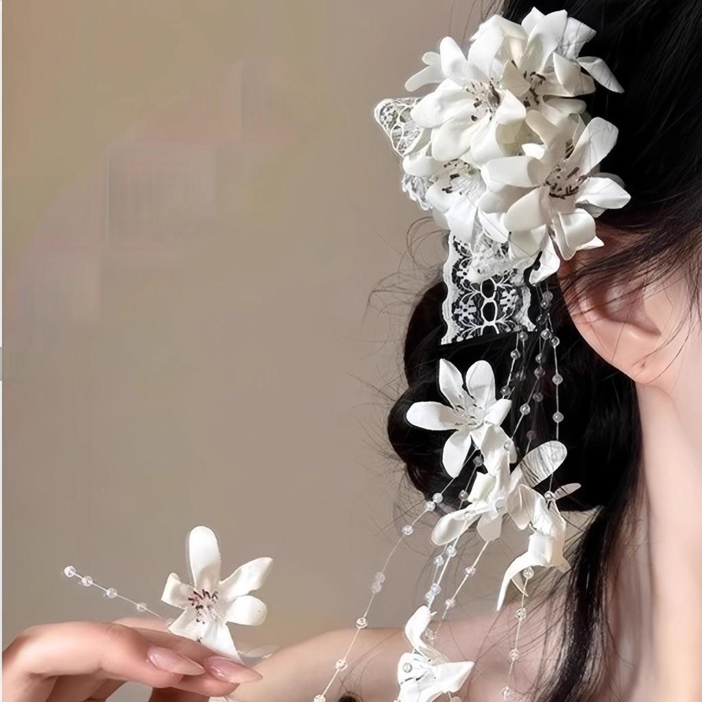 Fabric Lace Bow Hair Clip Female Sweet Flower Elegant and Versatile Duckbill Clip Hair Accessories