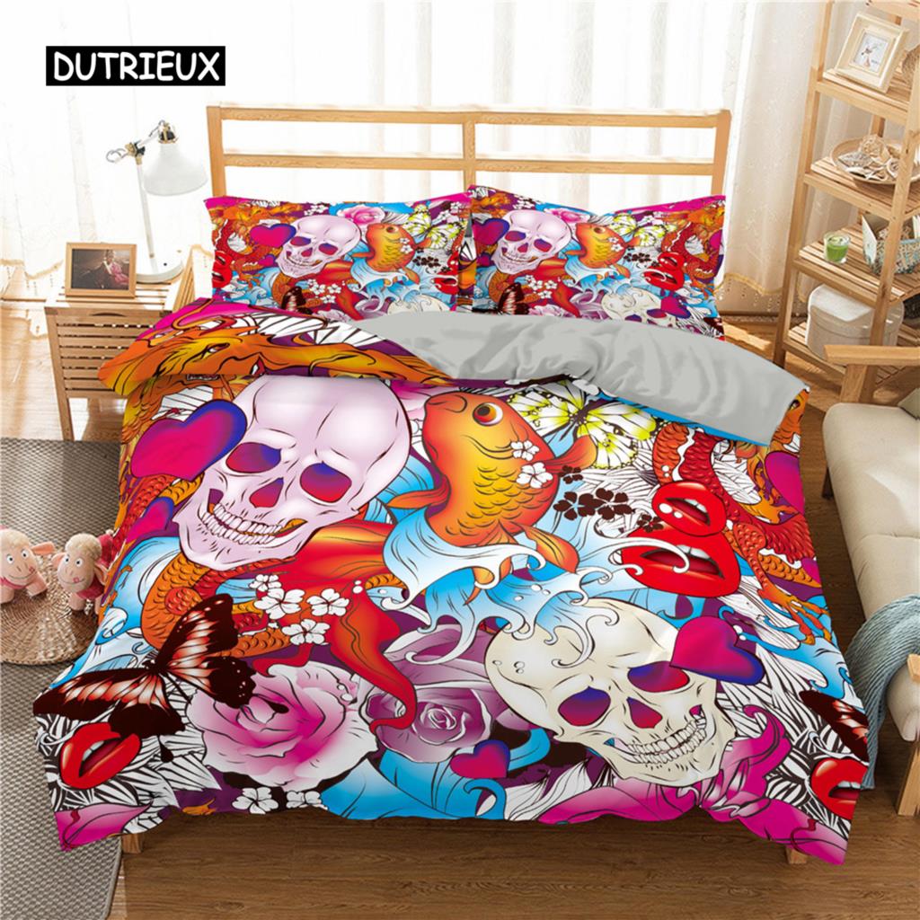 Sugar Skull King Queen Duvet Cover Cartoon Skeleton Blue Car Bedding Set for Teens Adults Halloween Day of The Dead Quilt Cover