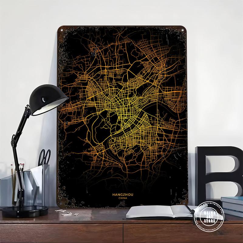 Hangzhou City Map Gold Metal Poster Customized Wall Art Retro Vintage Tinplate Signs for Man Cave Decoration Bedroom Decorations