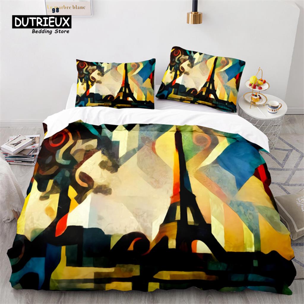 Eiffel Tower Duvet Cover Microfiber Paris Cityscape In The Clouds Bedding Set King Size For Kids Adults Romantic Comforter Cover