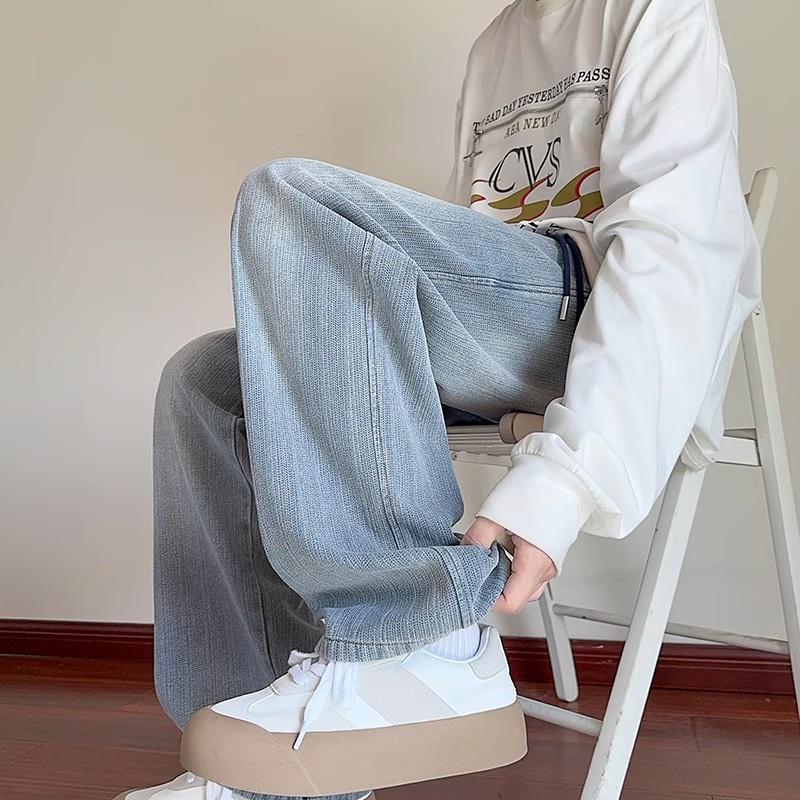 Men s Washed Wide Leg Jeans Casual Drawstring Waist Streetwear Denim Bottoms S