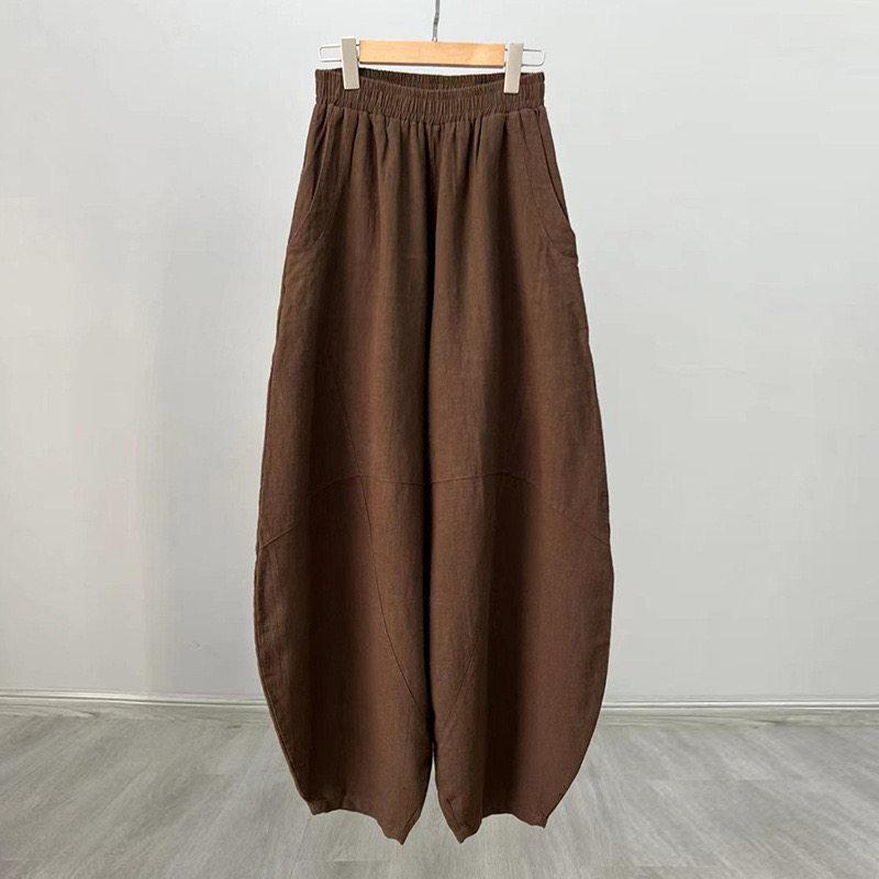 Beige Loose Fit Wide Leg Pants with Elastic Waist