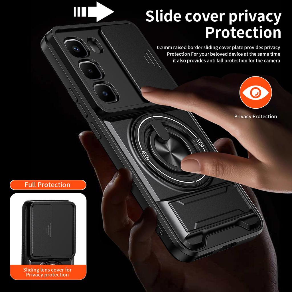 For Infinix Hot 60 Pro+ 4G Magnetic Case Ring Holder Foldable Kickstand TPU PC Phone Cover with Camera Lens Slider