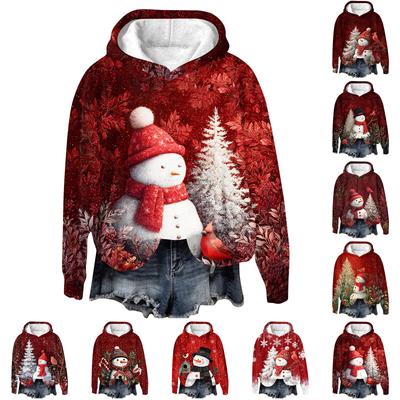 Women's Fashion Long Sleeve Christmas Print Loose Hooded Sweatshirt Top
