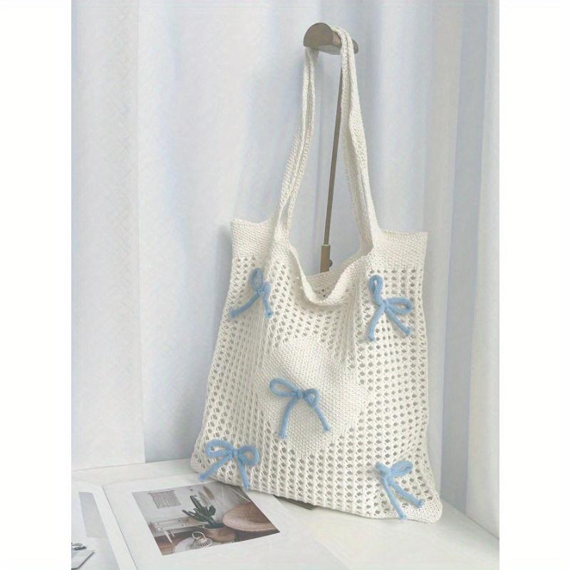 

Сумка Y2k Розовый узор с бантами Вязаная сумка ручной работы Складной ажурный дизайн Сумка крючком Средняя Отпуск Бежевый Пляжная Дорожная сумка Большая вместимость Вязаная сумка-хобо baby голубой
