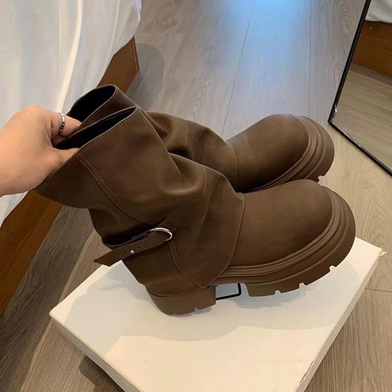 

Женские сапоги средней длины на толстой платформе, дизайнерские туфли на среднем каблуке, трендовые зимние новые брендовые туфли-лодочки в готическом стиле для мотоциклистов 38