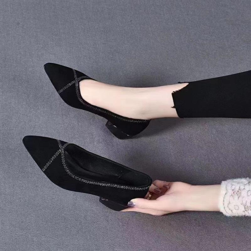 Shallow Single Shoes Rhinestone Women's Spring and Autumn New Pointed Thick Heel Mother Shoes Suede Low Heel Comfortable Mesh Women's Shoes