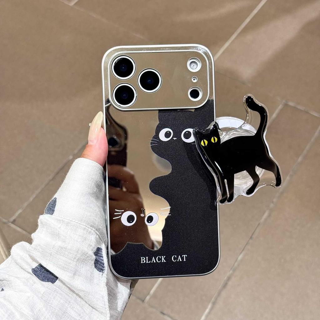 Magnetic Drop-Proof Black Cat Mirror Case for iPhone 17 Pro/16 Pro Max/15/14