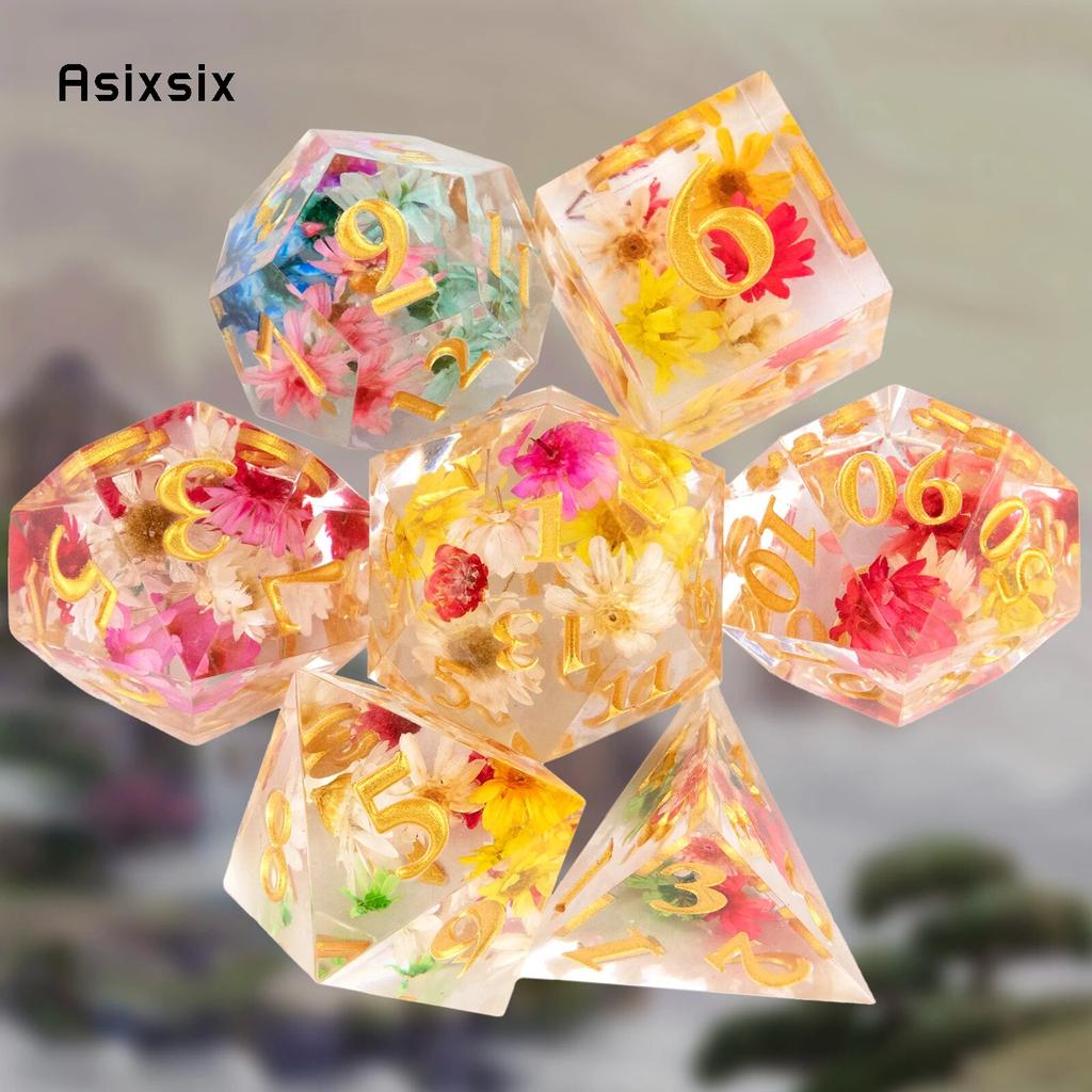 7 Pcs Flower Resin Golden Number Sharp Edge Dice Polyhedral Dice Suitable for Role-Playing RPG    Board Game