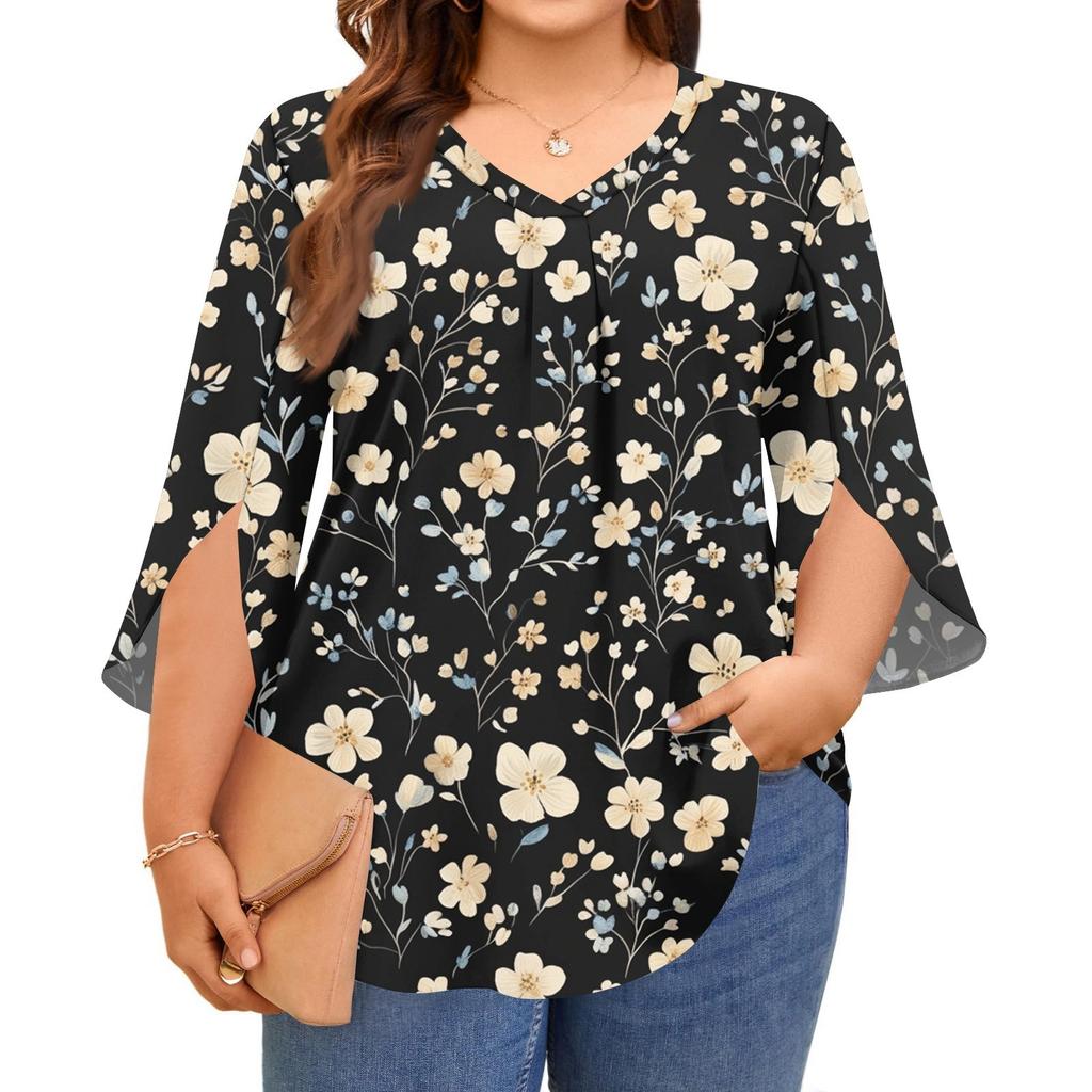 Women's Prined V-neck Plus Size Tops 3/4 Sleeves Elegant Shirt Tops