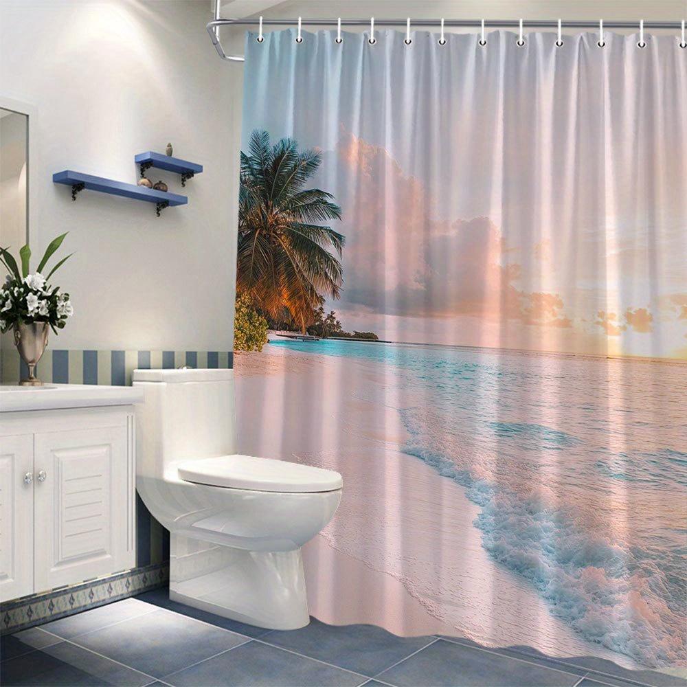Tropical Sunset Beach Scene Shower Curtain 12 Hooks, Machine Washable Beach Theme Decorative Bathroom Shower Curtain