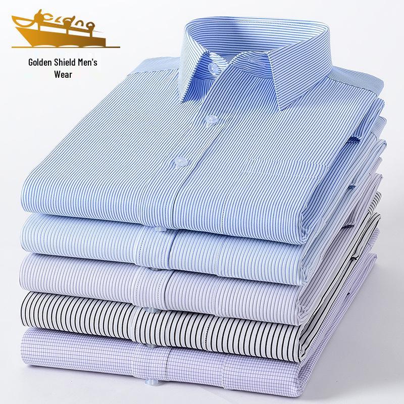 Męska koszula z długim rękawem Golden Shield w białe paski, o luźnym kroju, biznesowa, formalna, zapinana na guziki