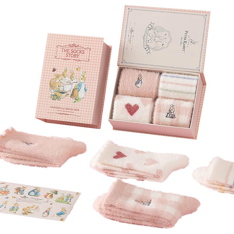 

CARAMELLA Носки-тапочки с Питером Кроликом, подарочный набор из 4 пар (Розовый / Синий) Сетчатые хлопковые носки Caramella для женщин, Идеальный подарок, Милая продукция с Питером Кроликом
