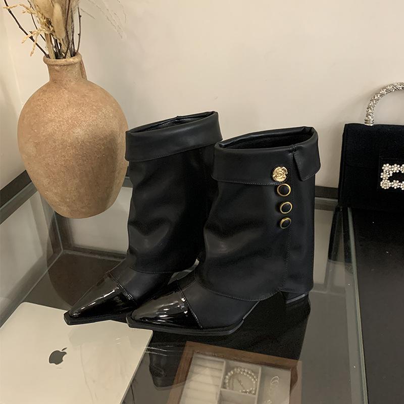 Mi Ting 2025 Autumn Fashion Versatile Coarse Heel Knight Boots Elegant Xiaoxiangfeng Color Matching Short Boots Sleeve Pants Pants Boots Women