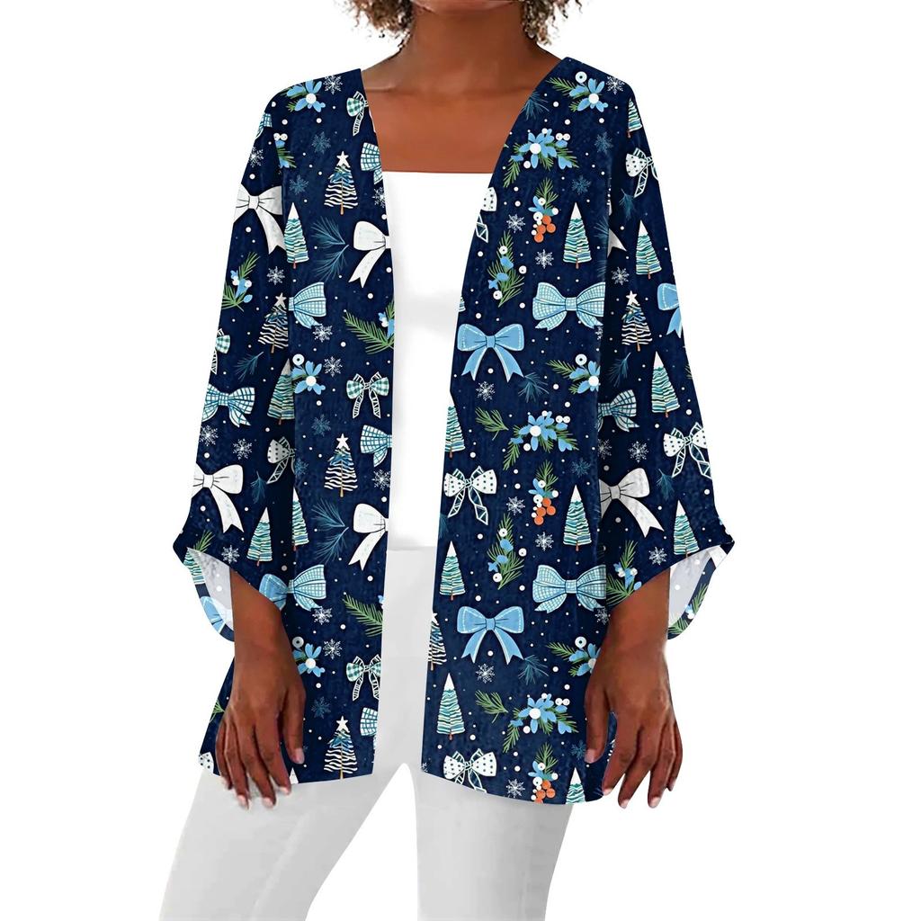 Women's Casual Fashion Caot Christmas Print Lightweight Medium Length Jacket Cardigan