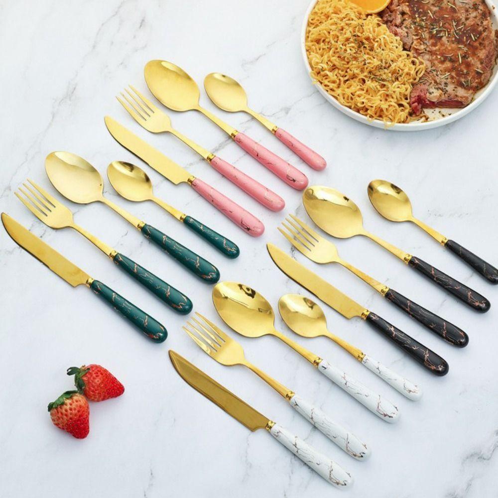 24pcs Stainless Steel Marbled Tableware Set Nordic Style Dessert Dinnerware Suit  Restaurant