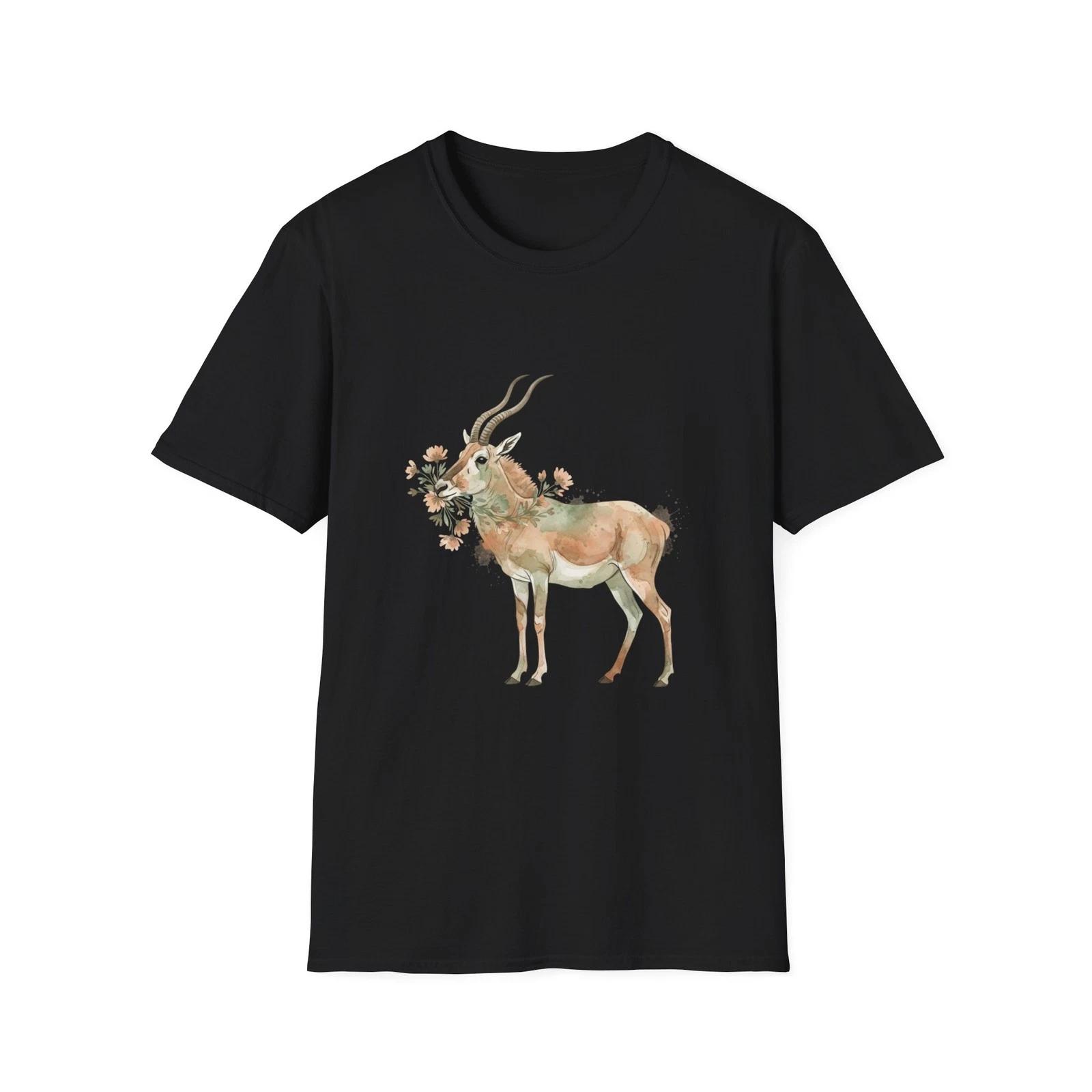 

Deer Floral Watercolor Boho Black T-Shirt Nature Pastel Print Tee L