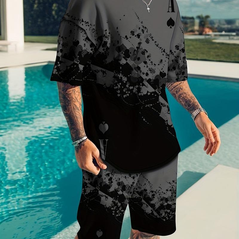 2025  New Men's Summer Leisure Sports Running Set Oversized Men's Refreshing Top Y2K Style Printed 3D Poker Pattern Fashion Set