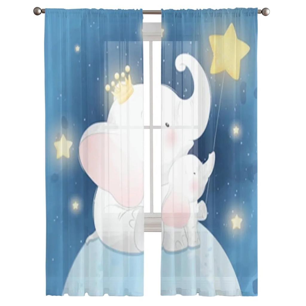 Cute Elephant And Star Sheer Curtains Bedroom Voile Curtain Living Room Window Sheer Curtains Kitchen Tulle Drapes