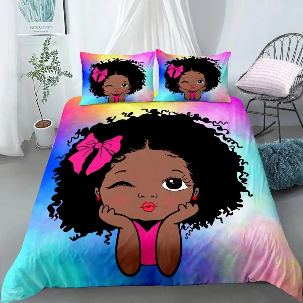 American Black Girl Duvet Cover SetBlack Girl Magic Bedding Set Full SizeCute Little Afro Black Princess Comforter Cover Sets