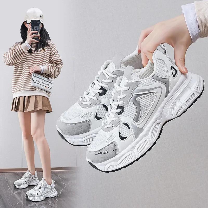 Breathable Mesh Sports Shoes Women's Korean Style Casual Running Shoes With Thick Sole D53 EVA Material Summer Collection