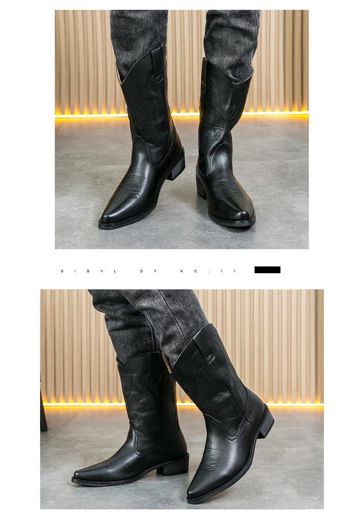 Stivali da Cowboy Western in Pelle Retrò da Uomo, Punta Acuta, Taglia Grande, Tacco in Legno, Stile Cavaliere.