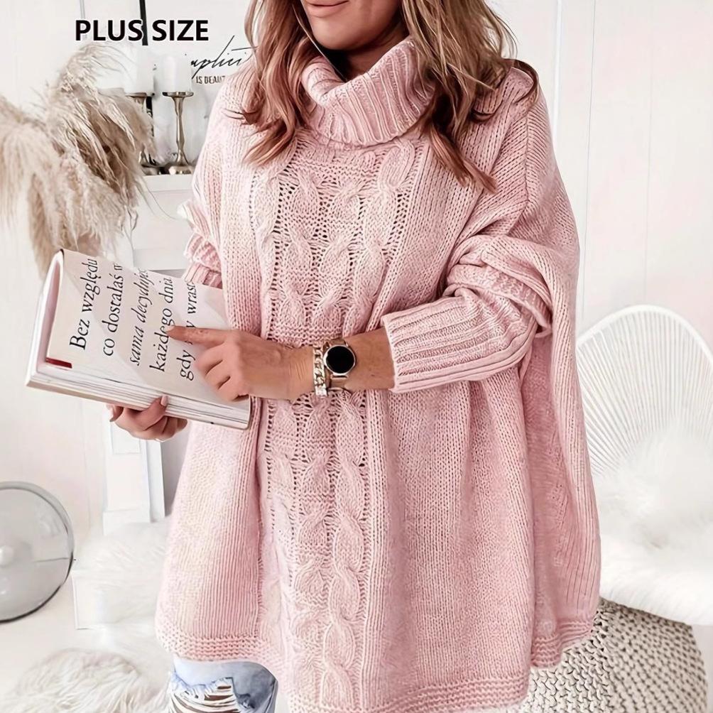 Cross-border Autumn and Winter Solid Color Lapel Bat Sleeve Loose Casual Large Size Women's Knitted Top