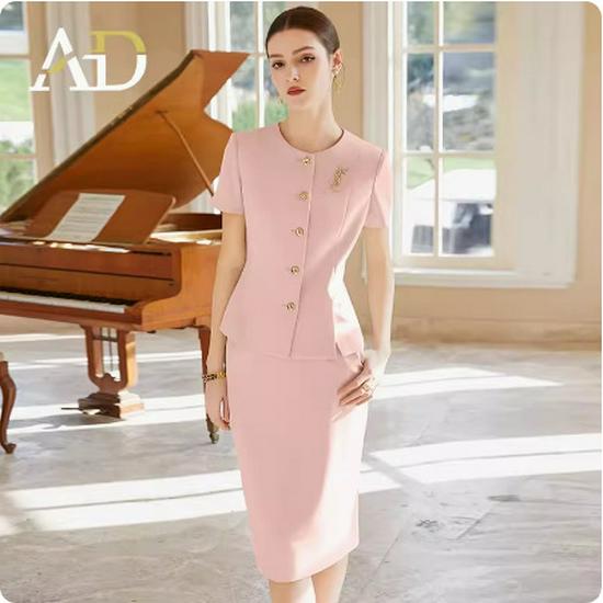 Beige Korean Style Summer Blazer Workwear Set with Short Sleeves