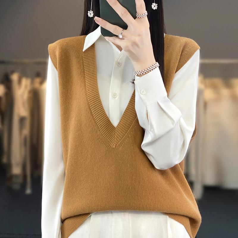 Vestă tricotată stivuită pentru femei Vestă tricotată lejeră Pulover fără mâneci Tank Top Camry Umăr Jachetă tricotată cu decolteu în V Toamnă/Iarnă