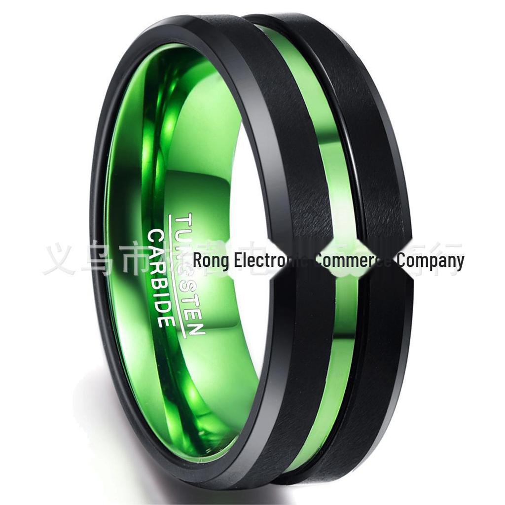 8MM Wide Flat Groove Green Tungsten Steel Ring for Men, US Size 6-14, Ready To Deliver