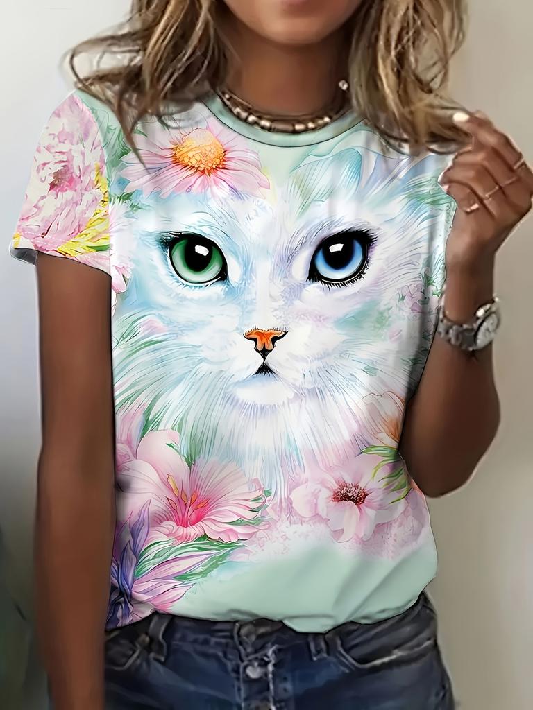 Women's Cute Dog Pattern T-shirt Cute Animal 3D Printed T-shirt Summer Fashion Loose Short Sleeve Round Neck Top