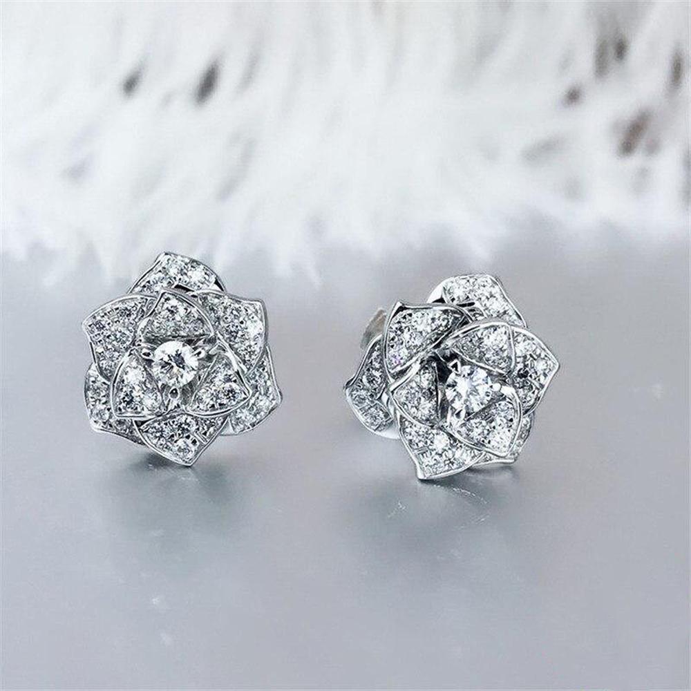 Full Bling Iced Out Flower Earrings for Female Gold Color/Silver Color Crystal CZ Ear Piercing Earrings Wedding Jewelry