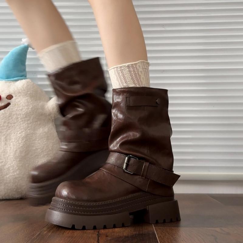 Fashion Platform Thick Bottom Women Ankle Boots Fashion Belt Buckle Shoes 2025 Autumn Winter Female Slip On Short Booties