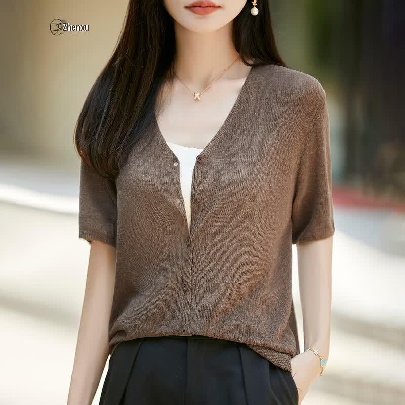 Women's Lightweight Tencel-Linen V-Neck Short Sleeve Knit Cardigan Tee