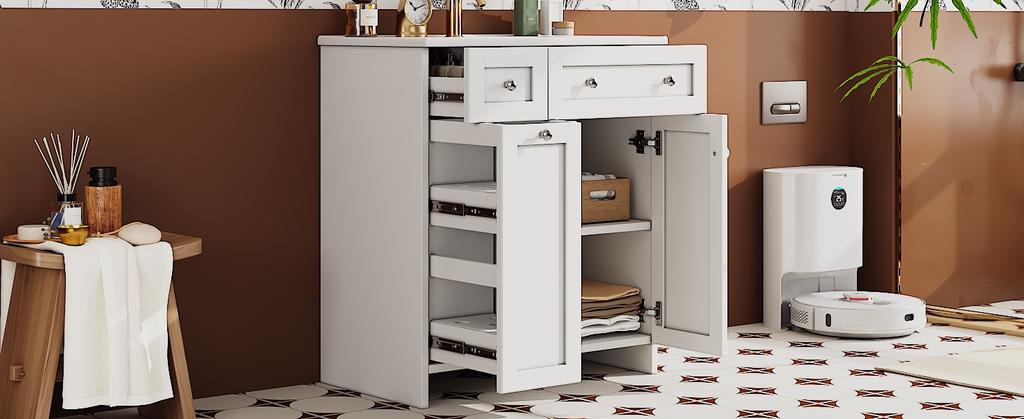 76 x 47 x 86 cm, Lavabo Autoportante, Laccato, Lavabo in Ceramica a Prova di Perdite, 8 Cassetti, Basso Rumore, Cerniere Soft-Close, Maniglie Argentate, Bianco.