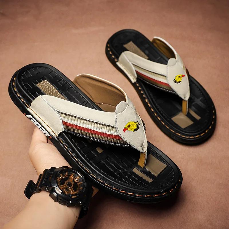 New Men Shoes Genuine Leather Slippers Street Trend Flip-flops Outdoor Cool Beach Shoes