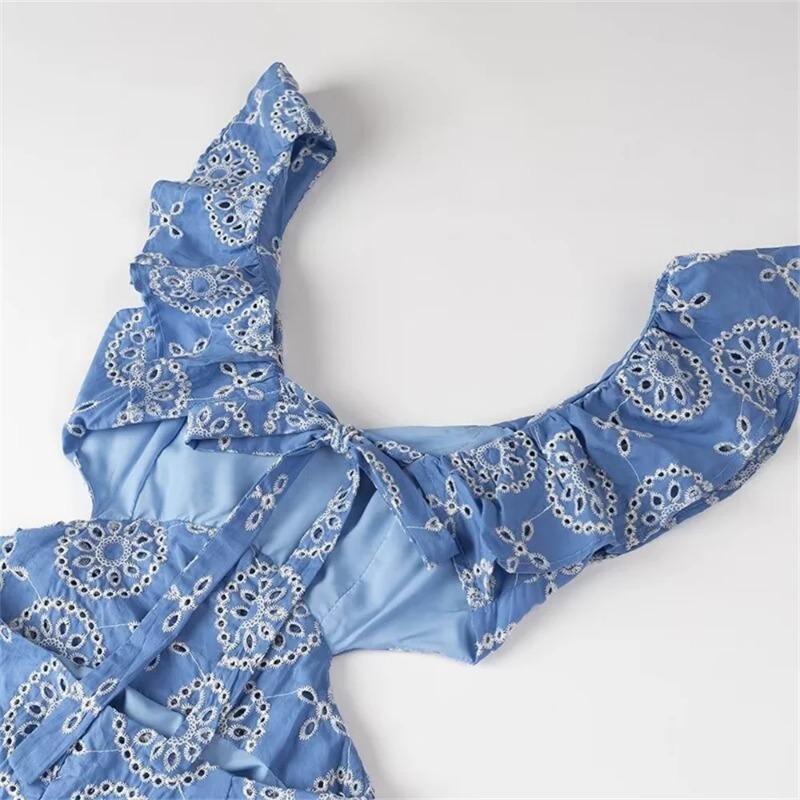 Summer New Women's European and American Style Heavy Industry Cotton Embroidery Stacked Decorative Blue Hollow Out Sexy Sweet Dress