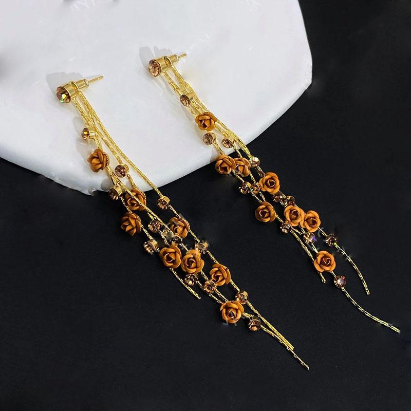 Temperament, Long Style, Niche Design, Rose Tassel Earrings, Women s Fashion, Slimming Earrings, Exquisite Heavy-duty Earrings