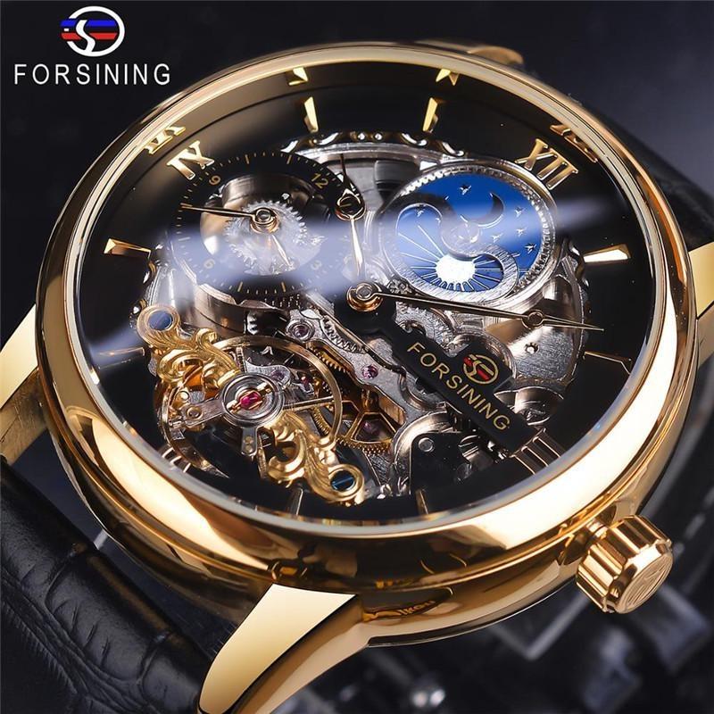 FORSINING Men's Luxury Automatic Mechanical Watch Leather Strap Automatic Tourbillon Hollow Mechanical Watch