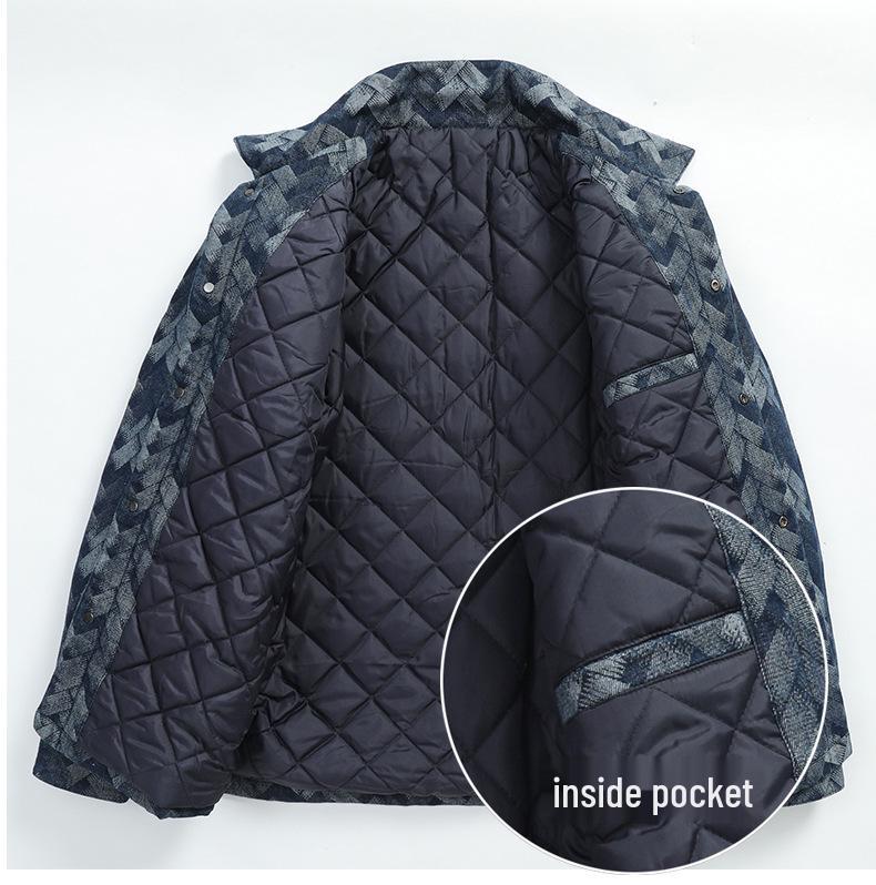 Men's Plus Size Plaid Denim Jacket - Cotton Padded for Autumn/Winter, Cool Biker Style