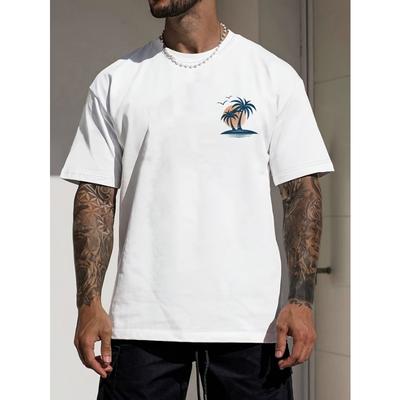 Tailles européennes T-shirt à col rond imprimé lettres Arbre de coco Coucher de soleil Homme, Manches courtes Sports d'extérieur d'été
