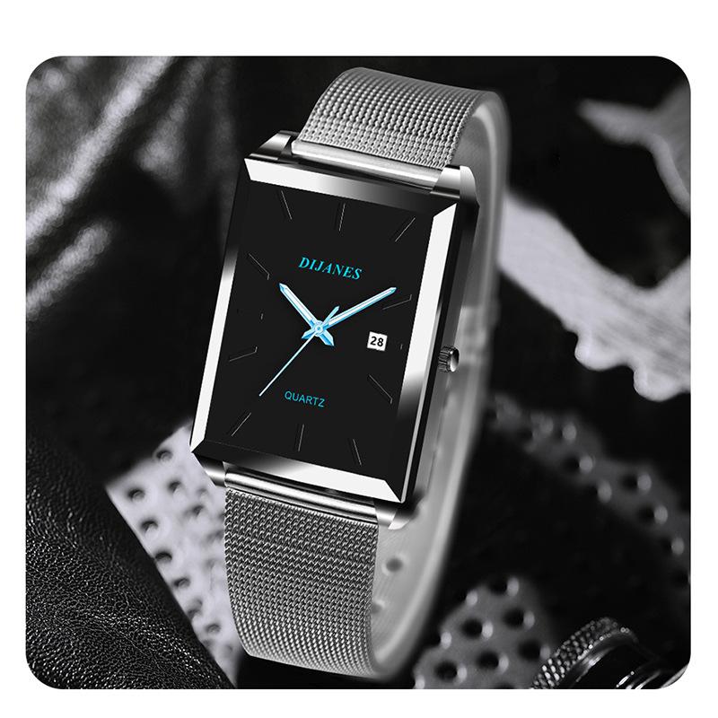 Neue eckige Uhr Mesh Quarzuhr Kalenderuhr Business Herrenuhr Studentenuhr Kleine Uhr
