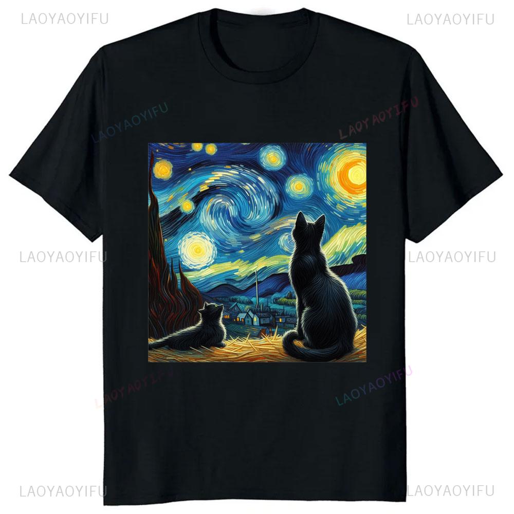 Cat Starry Night Van Gogh Cat for Cat Lover T-Shirt Casual Fashion Streetwear Loose Summer Style Man Tshirt Cute Aesthetics Tees