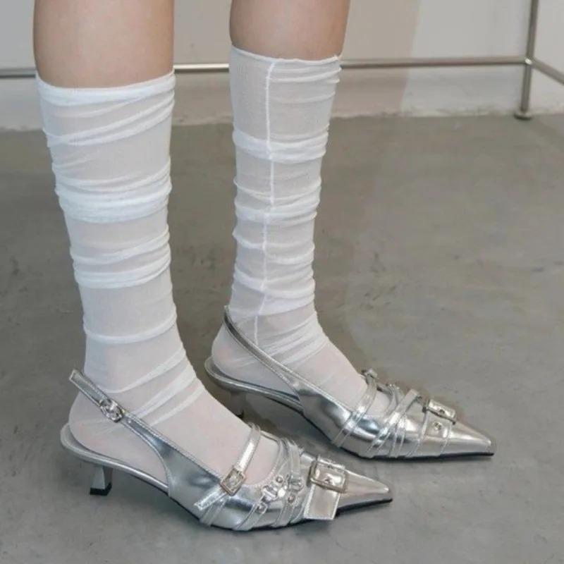 Fashion 2025Vintage Stiletto Sandals Fall New Pointed Toe Shallow Rivet Metal Buckle One Strap Anti-Slip Wear-Resistant High Heels