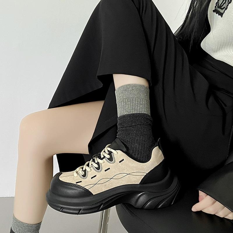 Leather retro big head platform casual shoes women's 2025 new versatile, light and comfortable dad sports shoes