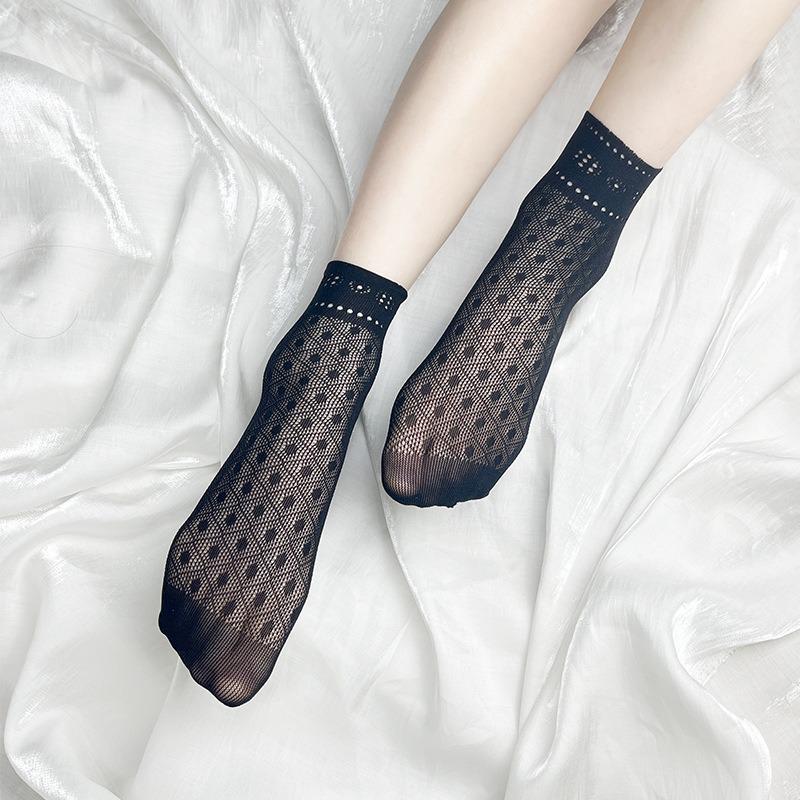 Calzini da donna in rete nera a pois con pizzo - Estivi, Sottili, Corti e Casual