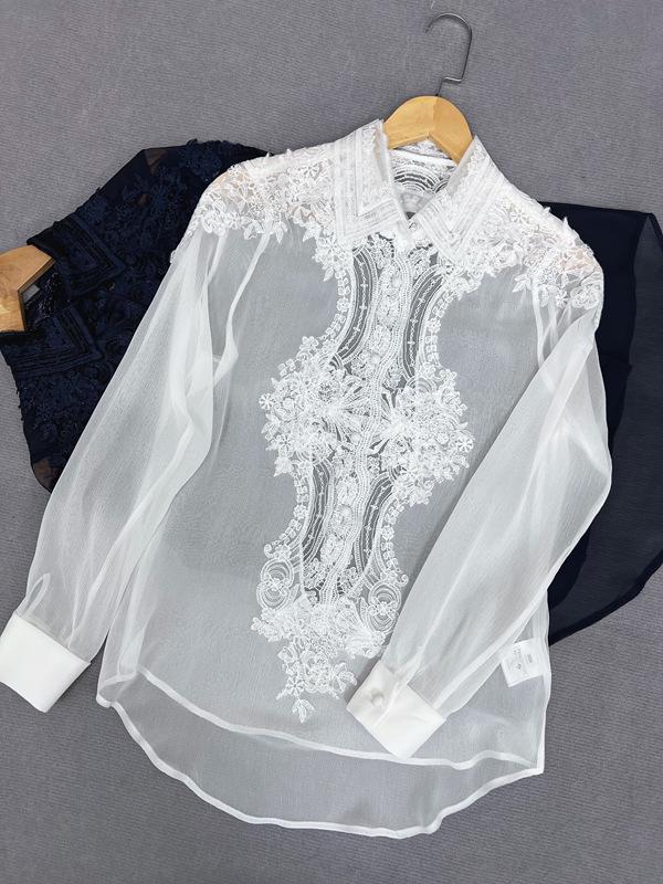 ES Elegant Lace Spliced Mulberry Silk V-neck Blouse with Embroidery