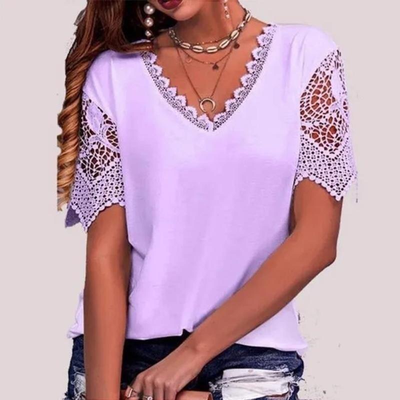 A New Summer Casual And Sweet ,color V,neck Lace Five,quarter Sleeve Women's T,shirt For Ladies